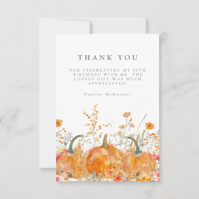 90th Birthday Party Pumpkin Wildflower Custom Thank You Card | Zazzle