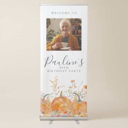 90th Birthday Party Pumpkin Wildflower Photo Retractable Banner