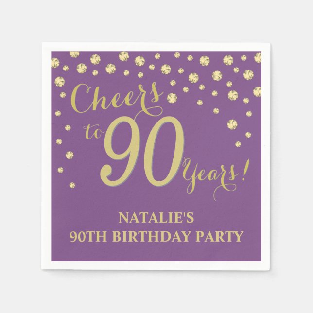 90th Birthday Party Purple and Gold Diamond Napkins (Front)