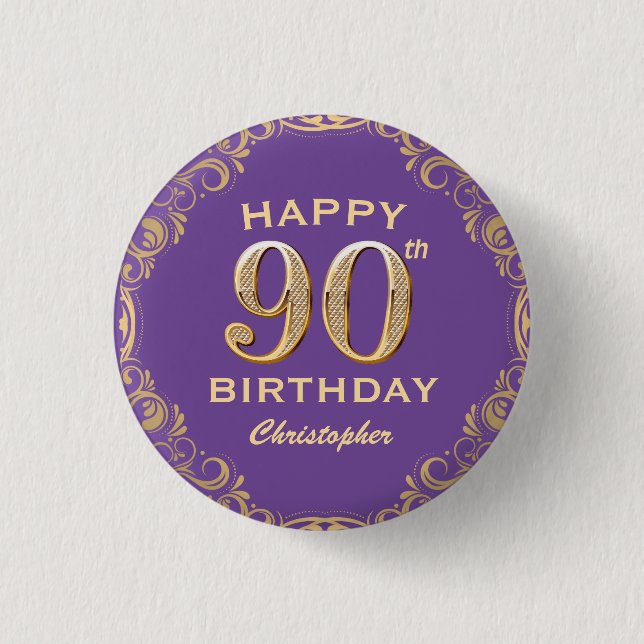 90th Birthday Party Purple and Gold Glitter Frame Button (Front)