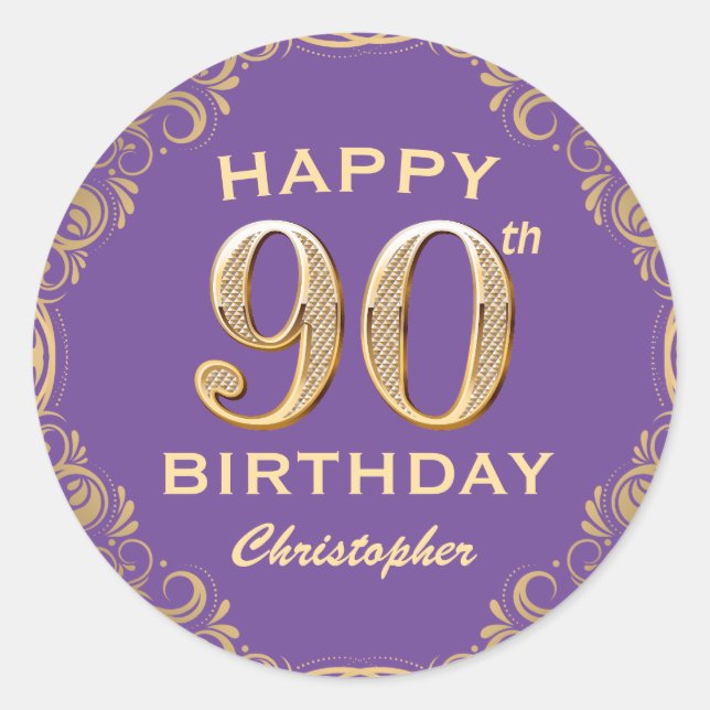 90th Birthday Party Purple and Gold Glitter Frame Classic Round Sticker (Front)