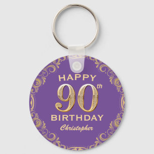 90th Birthday Party Purple and Gold Glitter Frame Keychain