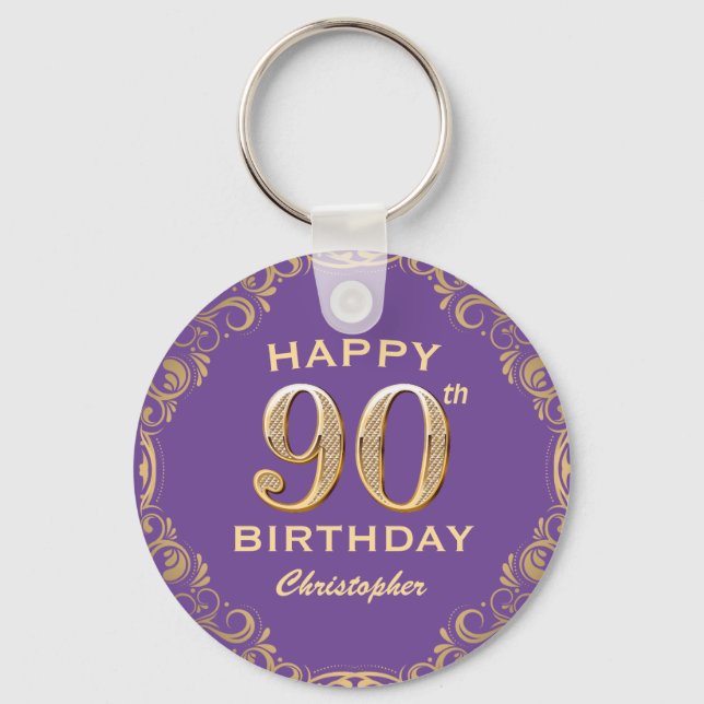 90th Birthday Party Purple and Gold Glitter Frame Keychain (Front)