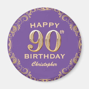 90th Birthday Party Purple and Gold Glitter Frame Magnet