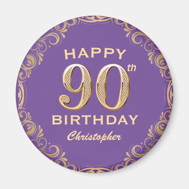 90th Birthday Party Purple and Gold Glitter Frame Magnet (Front)