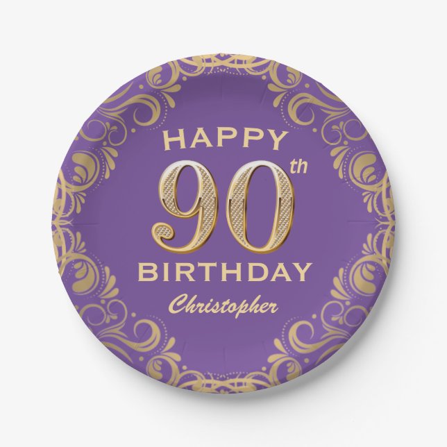 90th Birthday Party Purple and Gold Glitter Frame Paper Plates (Front)