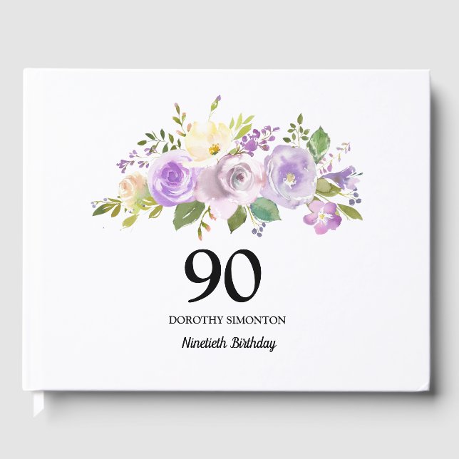 90th Birthday Party Purple Floral Guest Book (Front)