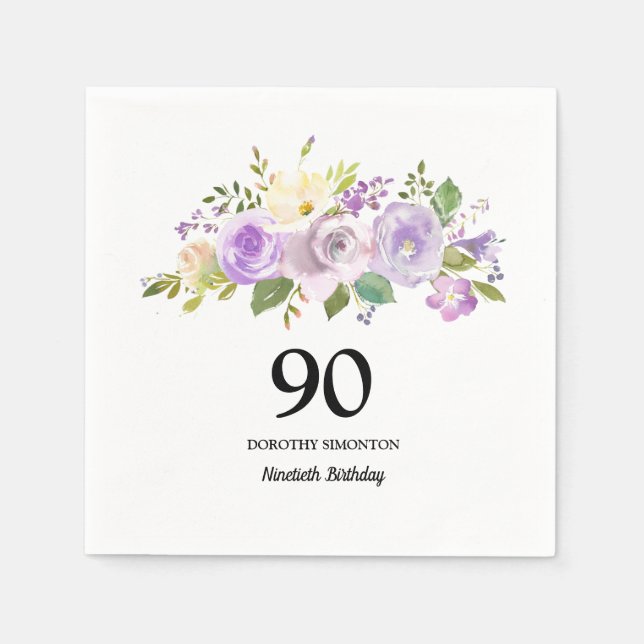 90th Birthday Party Purple Floral Napkins (Front)