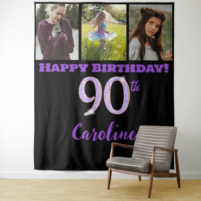 90th Birthday Party, Purple Glitter & 3 photos Tapestry (In Situ)