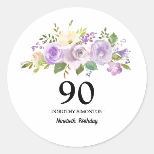 90th Birthday Party Purple Rose Floral Classic Round Sticker