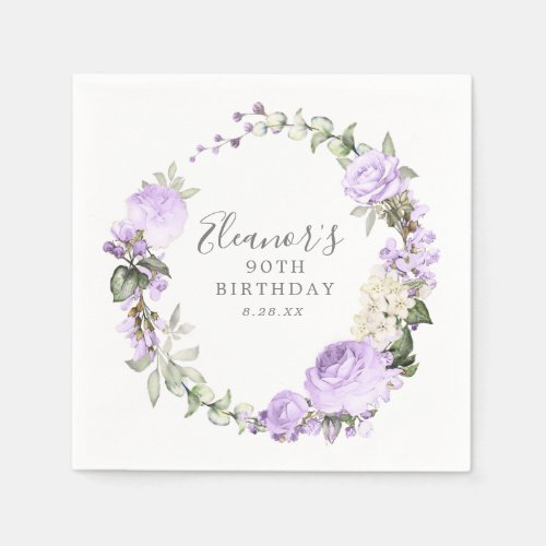 90th Birthday Party Purple Rose Floral Custom Napkins