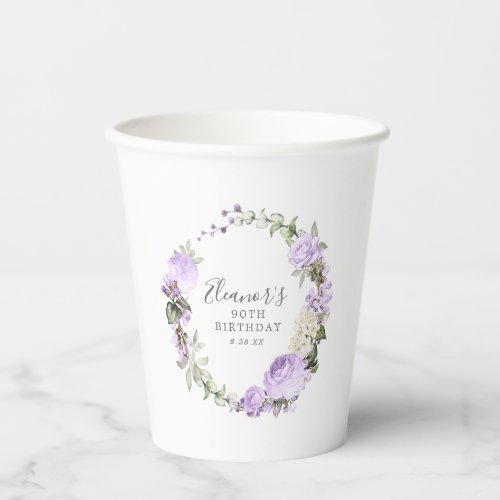 90th Birthday Party Purple Rose Floral Custom Paper Cups