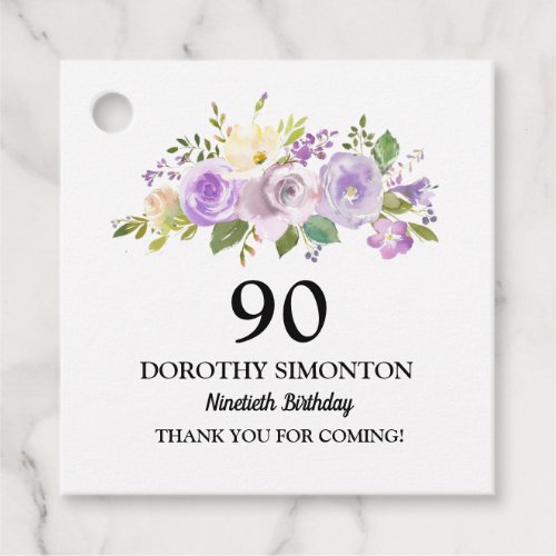 90th Birthday Party Purple Rose Floral Favor Tags