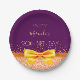 90th birthday party purple rose gold bow name paper plates