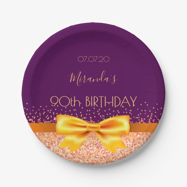 90th birthday party purple rose gold bow name paper plates (Front)