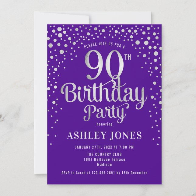 90th Birthday Party - Purple & Silver Invitation (Front)