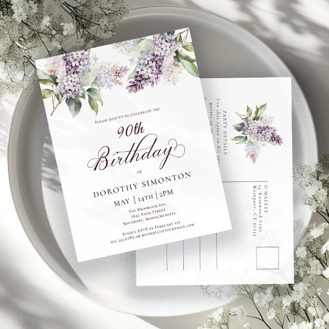 90th Birthday Party Purple Spring Lilac Flower Invitation Postcard (Creator Uploaded)