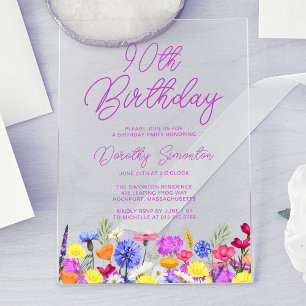 90th Birthday Party Purple Wildflower Acrylic Invitations