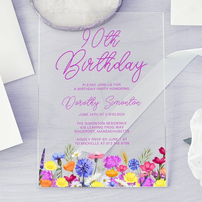 90th Birthday Party Purple Wildflower Acrylic Invitations (Creator Uploaded)