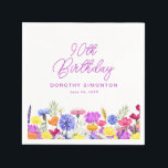 90th Birthday Party Purple Wildflower Custom Napkins<br><div class="desc">A pretty watercolor wildflower border decorates the bottom of this 90th birthday party custom cocktail napkin. The colorful wildflowers are perfect for a spring or summer birthday party. The birthday celebrant's name and birthday follow. All text is editable.</div>