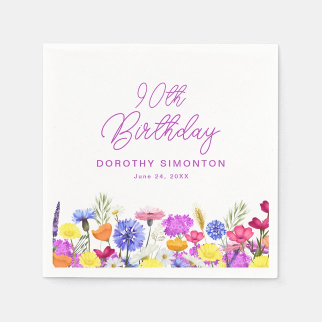 90th Birthday Party Purple Wildflower Custom Napkins (Front)