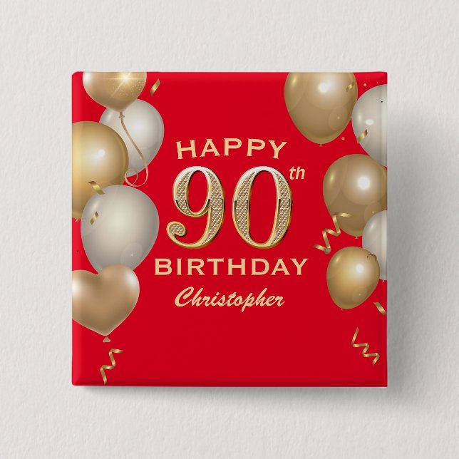 90th Birthday Party Red and Gold Balloons Button (Front)