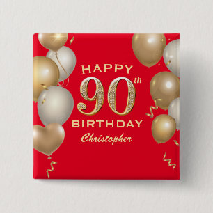 90th Birthday Party Red and Gold Balloons Button
