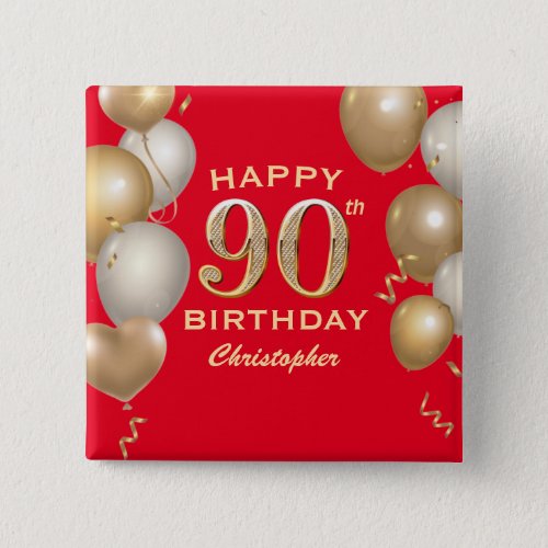 90th Birthday Party Red and Gold Balloons Button