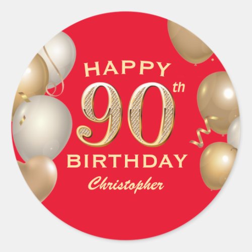 90th Birthday Party Red and Gold Balloons Classic Round Sticker