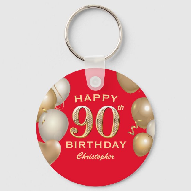90th Birthday Party Red and Gold Balloons Keychain (Front)