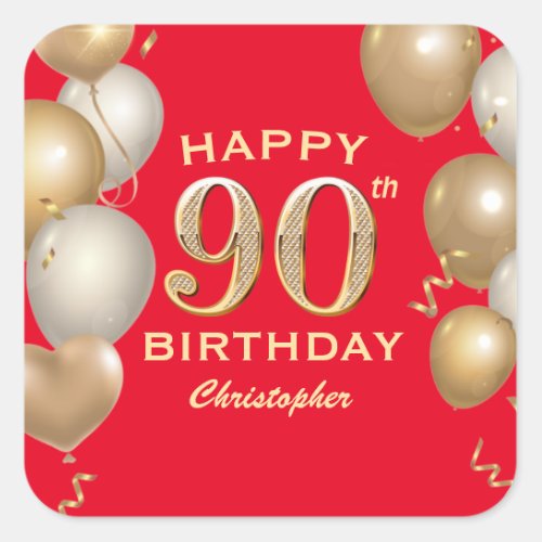 90th Birthday Party Red and Gold Balloons Square Sticker