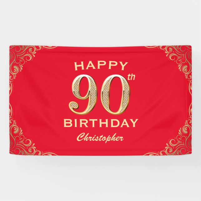 90th Birthday Party Red and Gold Glitter Frame Banner (Horizontal)
