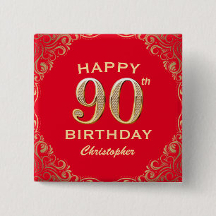 90th Birthday Party Red and Gold Glitter Frame Button