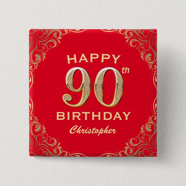 90th Birthday Party Red and Gold Glitter Frame Button (Front)