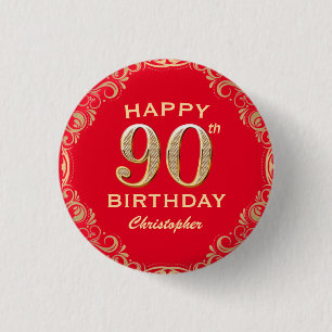 90th Birthday Party Red and Gold Glitter Frame Button