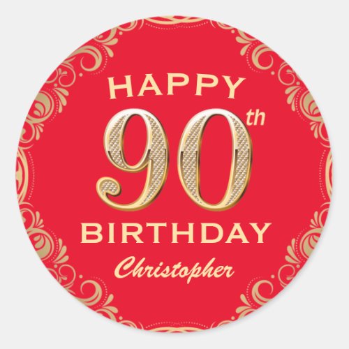 90th Birthday Party Red and Gold Glitter Frame Classic Round Sticker