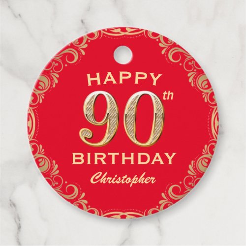90th Birthday Party Red and Gold Glitter Frame Favor Tags