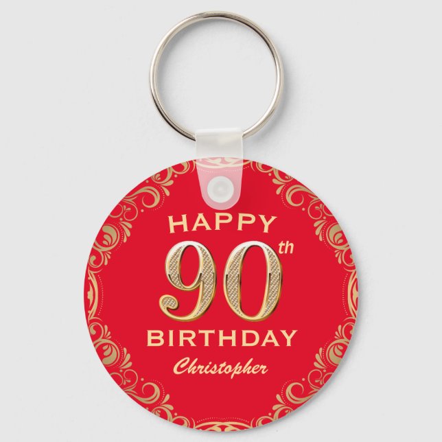 90th Birthday Party Red and Gold Glitter Frame Keychain (Front)