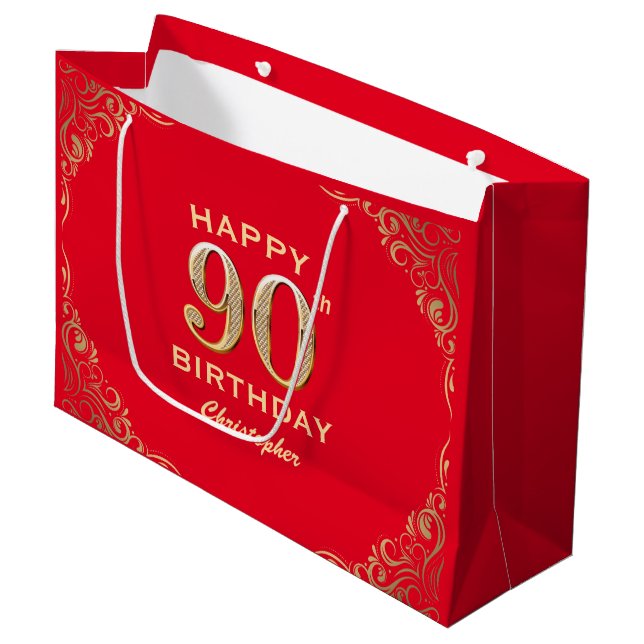90th Birthday Party Red and Gold Glitter Frame Large Gift Bag (Front Angled)