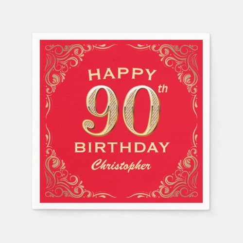 90th Birthday Party Red and Gold Glitter Frame Napkins