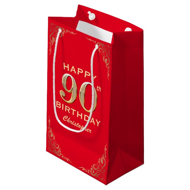 90th Birthday Party Red and Gold Glitter Frame Small Gift Bag (Front Angled)