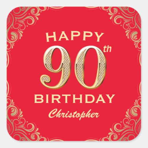 90th Birthday Party Red and Gold Glitter Frame Square Sticker