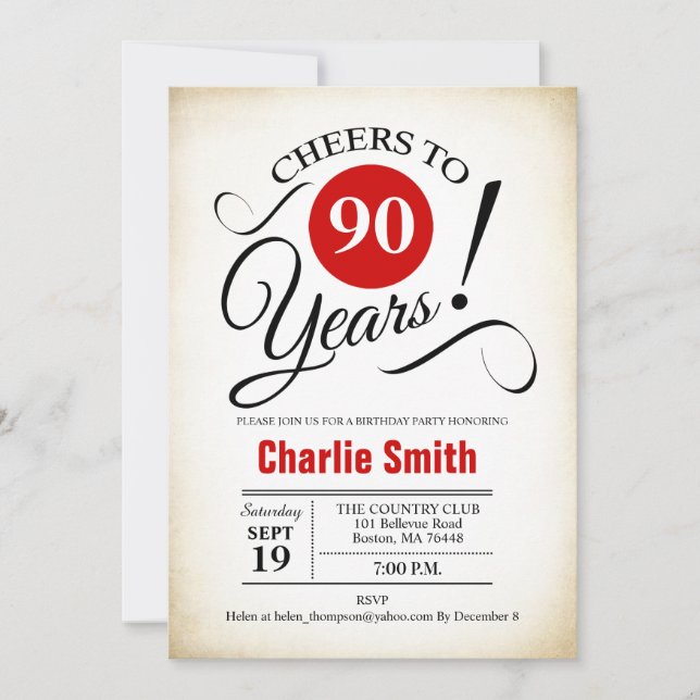 90th Birthday Party -  Red Black White Invitation (Front)
