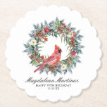 90th Birthday Party Red Cardinal Wreath Custom Paper Coaster<br><div class="desc">Elegant watercolor red cardinal framed by a classic winter pine wreath. Red and white flowers,  berries and pinecones add to the greenery. Three lines of text let you customize your party supplies.</div>
