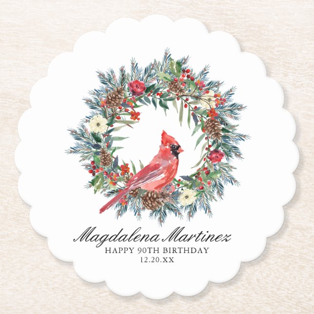 90th Birthday Party Red Cardinal Wreath Custom Paper Coaster (Front)