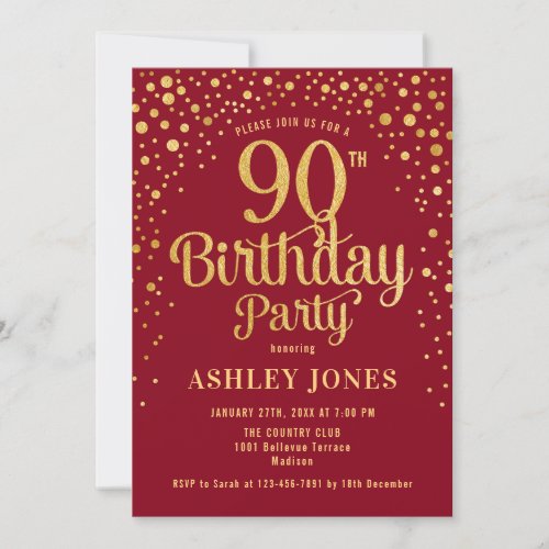 90th Birthday Party _ Red  Gold Invitation