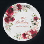 90th Birthday Party Red Pink Floral Custom Paper Paper Plates<br><div class="desc">Pretty red roses and blush pink peonies decorate this 90th birthday party custom paper plate. Two lovely floral arrangements decorate two sides. Elegant calligraphy spells out 90th birthday, The birthday celebrant's name is below. This item is part of the Red Rose and Pink Peony collection. It contains professional designed invitation...</div>
