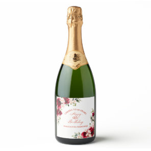 90th Birthday Party Red Pink Floral Custom Sparkling Wine Label
