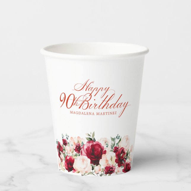 90th Birthday Party Red Rose Pink Peony Custom Paper Cups (Front)