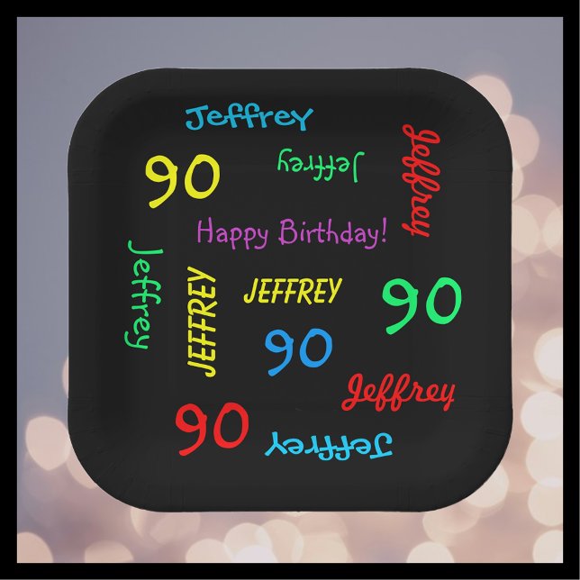 90th Birthday Party, Repeating Name, Black Square Paper Plates (Creator Uploaded)